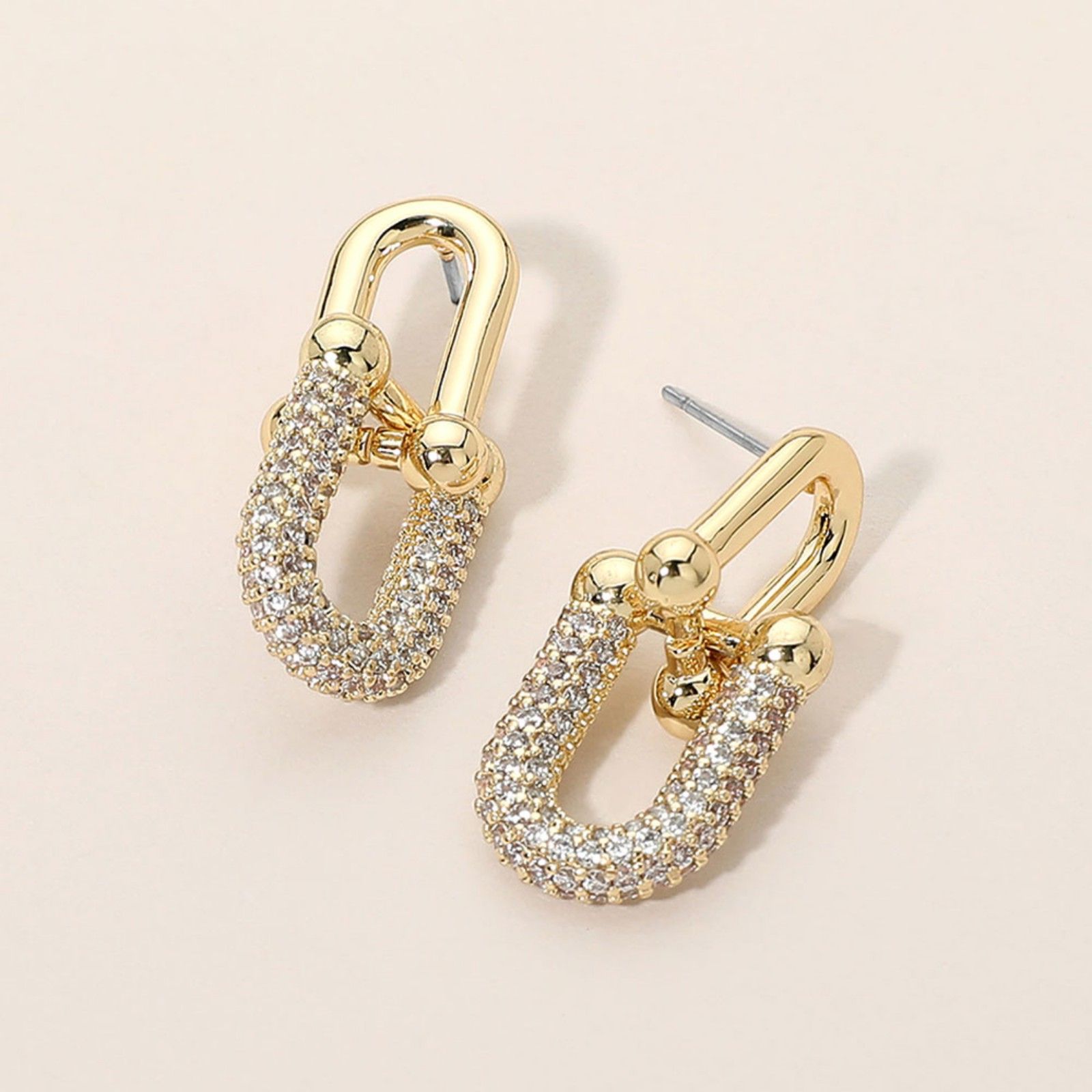 Gold Industrial Chain Link Cz Dangle Drop Earrings 1.1 Inch Metal Jewelry
